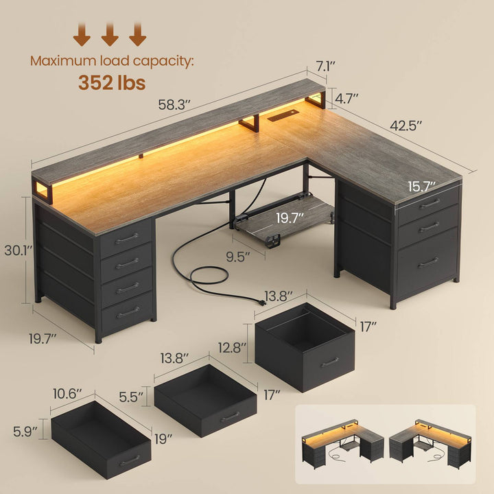 SEDETA 58 Inch L Shaped Gaming Desk with LED Lights Reversible Computer Desk with 7 Drawers and Power Outlet