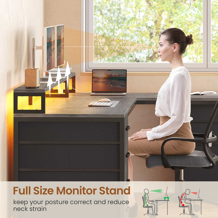 SEDETA 58 Inch L Shaped Gaming Desk with LED Lights Reversible Computer Desk with 7 Drawers and Power Outlet