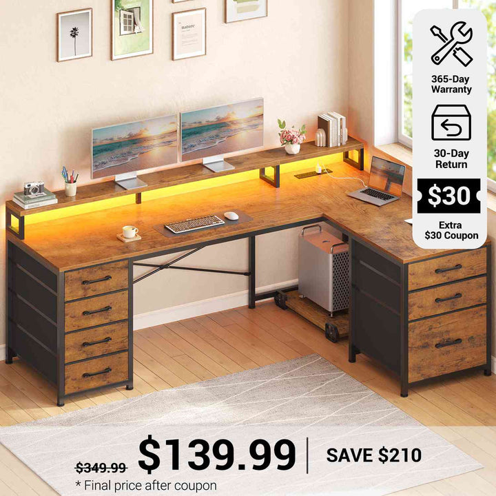 SEDETA® 58 Inch Reversible L Shaped Gaming Desk with LED Lights Computer Desk with 7 Drawers and Power Outlet for Small Space