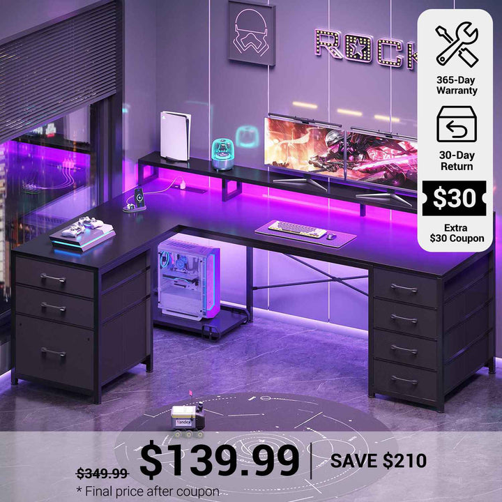 SEDETA® 58 Inch Reversible L Shaped Gaming Desk with LED Lights Computer Desk with 7 Drawers and Power Outlet for Small Space