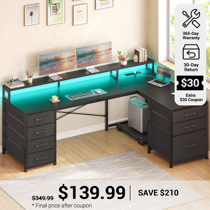 SEDETA® 58 Inch Reversible L Shaped Gaming Desk with LED Lights Computer Desk with 7 Drawers and Power Outlet for Small Space