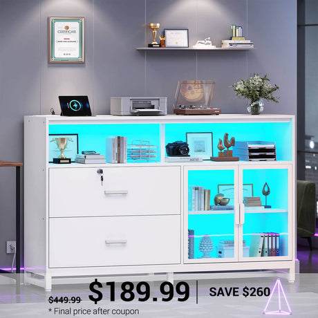 SEDETA | 59 Inch 2 Drawers File Cabinet Display Cabinet with Lock and Power Outlets Printer Stand with Storage