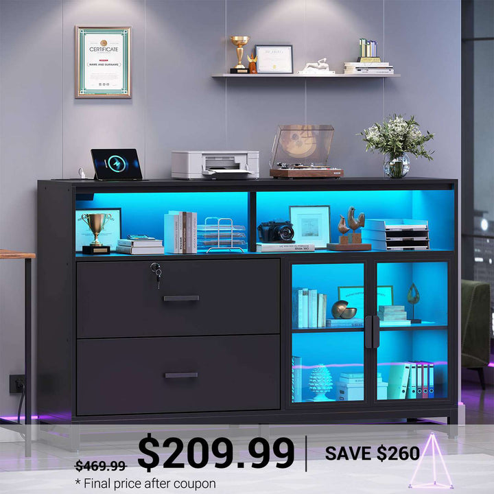 SEDETA 59 Inch File Cabinet Display Cabinet with LED Lights Power Strip for Home Office Fit Legal/Letter/A4 File