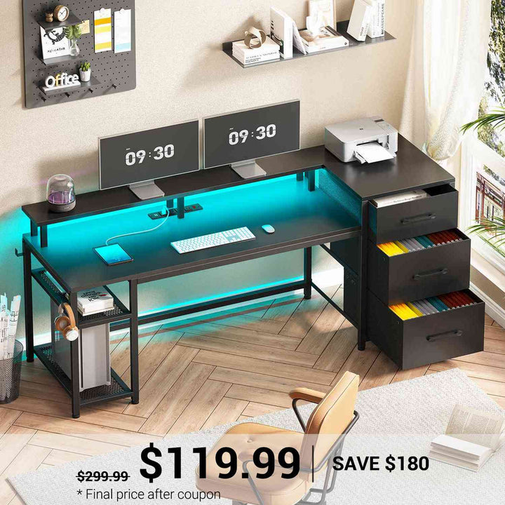 Angled view of a similar L-shaped desk with two sets of drawers and a floating shelf, showing extended surface area and metal frame.