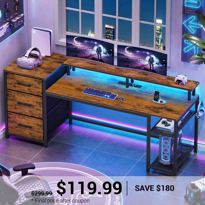 Dark wood L-shaped computer desk with built-in storage drawers and glass-like panels, featuring a dual-monitor setup and compact CPU stand.