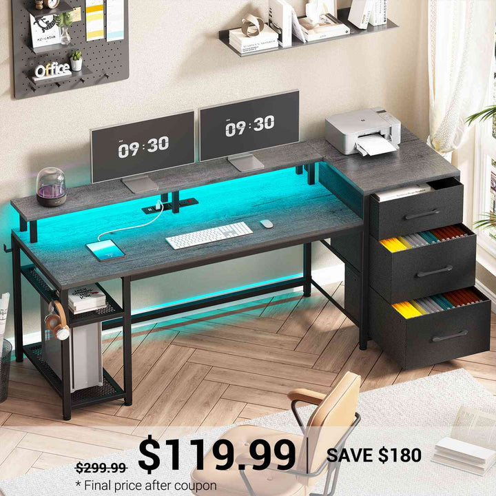 SEDETA® 59 Inch Reversible Computer Desk Home Office LED Gaming Table with File Drawers & Storage