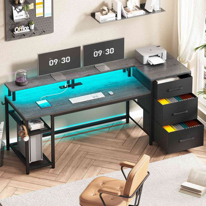 Close-up of desk dimensions: 59 inches wide, 43.3 inch main surface, 18.5 inch depth; includes 7.1 inch height and multiple labeled drawers.