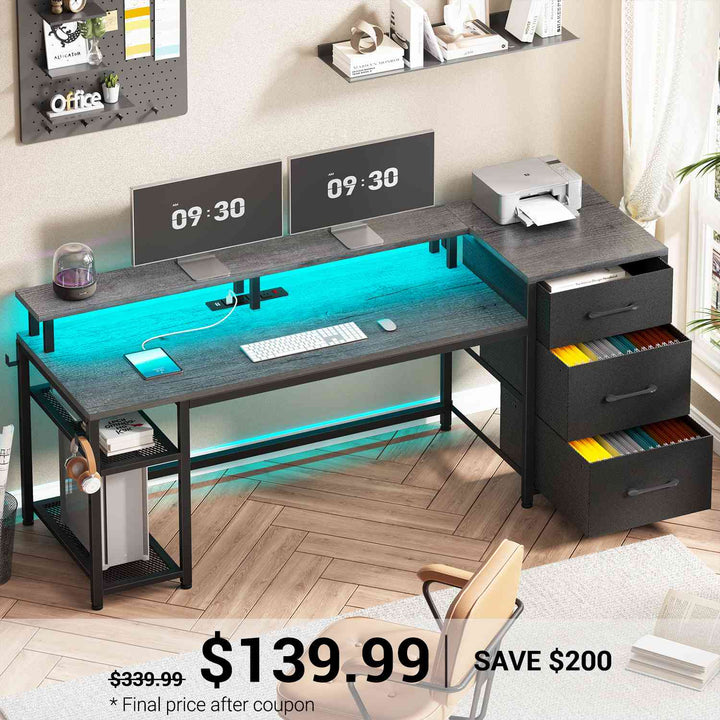 SEDETA 59 Inch Office Desk with Drawers Reversible Computer Gaming Desk with LED Lights