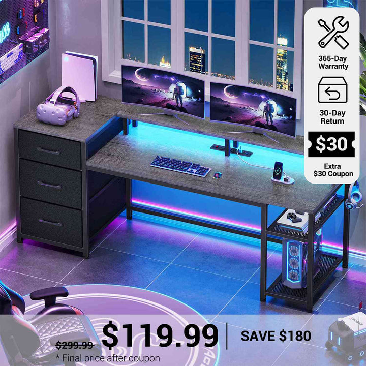SEDETA® 59 Inch Reversible Computer Desk Home Office LED Gaming Table with File Drawers & Storage