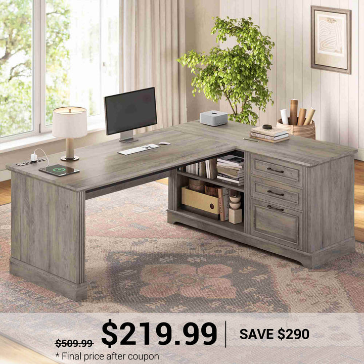 SEDETA | 61 Inch L Shaped Computer Desk Farmhouse Executive Desk with Storage File Drawers Shelves Power Outlets for Home Office