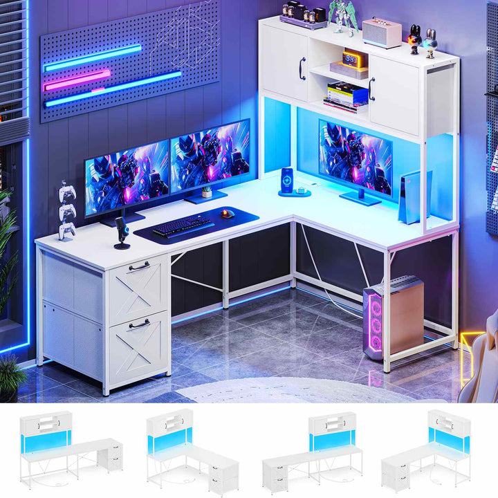 SEDETA - 62.2 Inch L Shaped Gaming Desk Reversible Computer Desk Gaming Desk with Led Lights Power Outlet Fabric Drawers Hutch and Storage Shelf