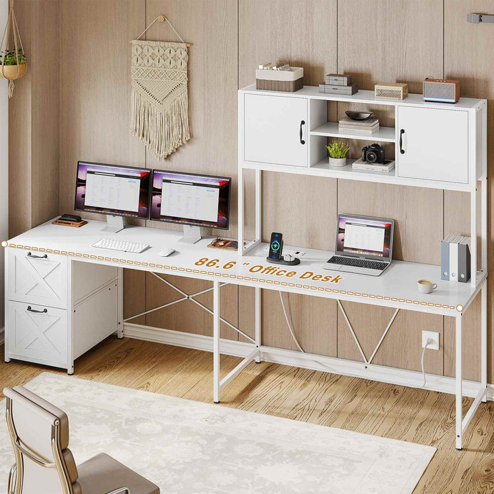 SEDETA - 62.2 Inch L Shaped Gaming Desk Reversible Computer Desk Gaming Desk with Led Lights Power Outlet Fabric Drawers Hutch and Storage Shelf
