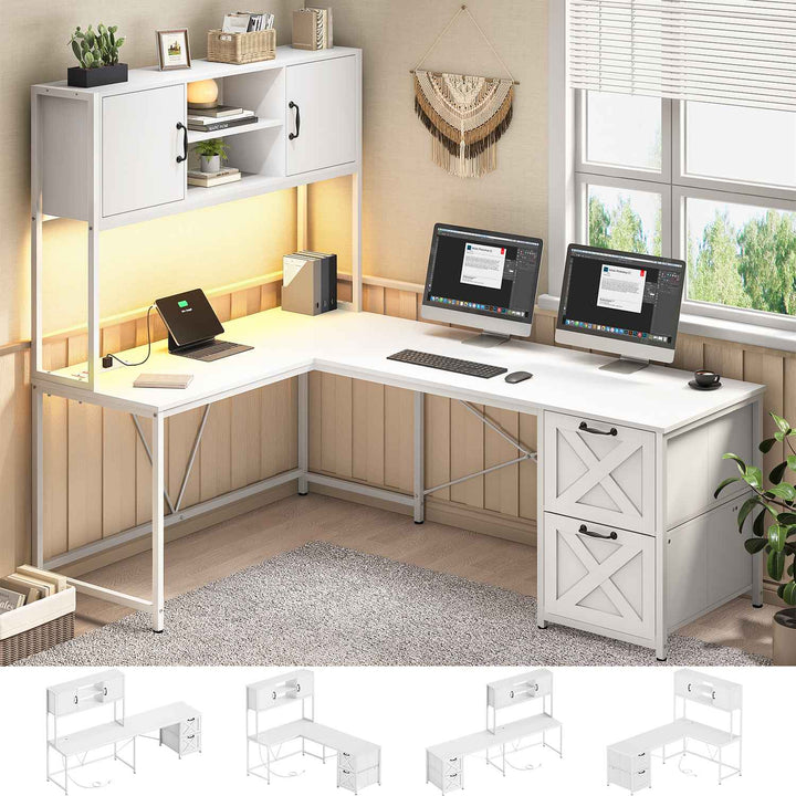 SEDETA - 62.2 Inch L Shaped Gaming Desk Reversible Computer Desk Gaming Desk with Led Lights Power Outlet Fabric Drawers Hutch and Storage Shelf