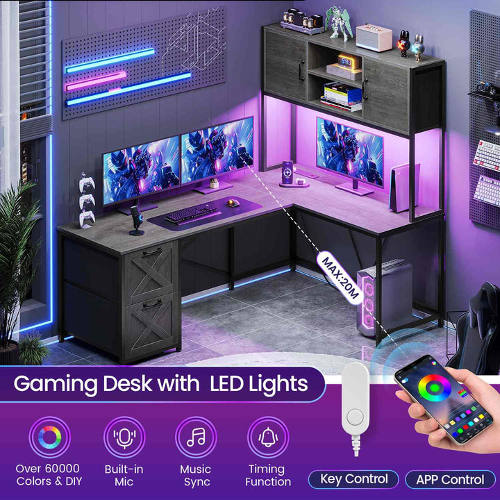 SEDETA - 62.2 Inch L Shaped Gaming Desk Reversible Computer Desk Gaming Desk with Led Lights Power Outlet Fabric Drawers Hutch and Storage Shelf