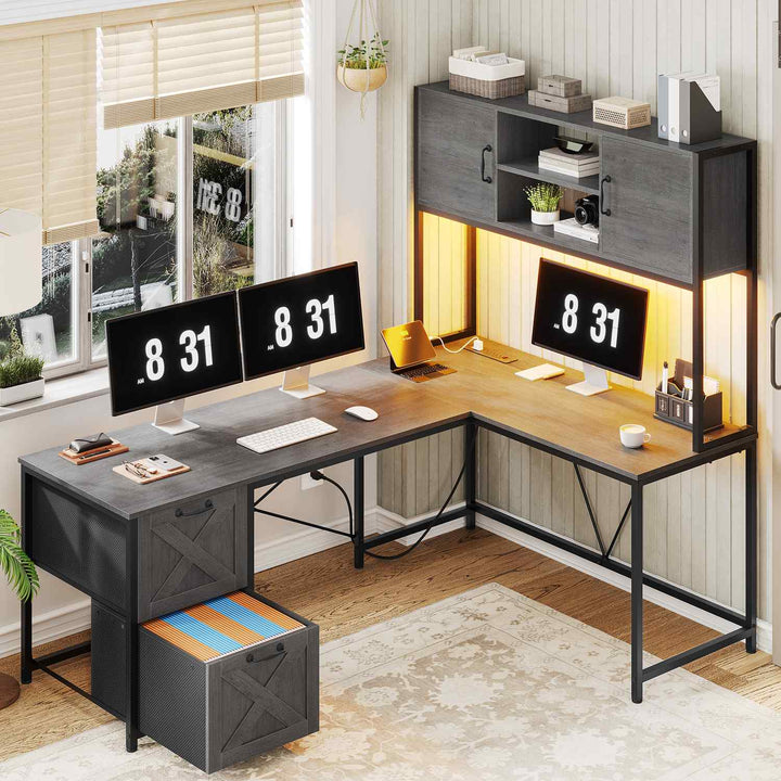 SEDETA - 62.2 Inch L Shaped Gaming Desk Reversible Computer Desk Gaming Desk with Led Lights Power Outlet Fabric Drawers Hutch and Storage Shelf