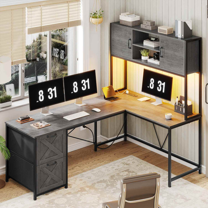 SEDETA - 62.2 Inch L Shaped Gaming Desk Reversible Computer Desk Gaming Desk with Led Lights Power Outlet Fabric Drawers Hutch and Storage Shelf