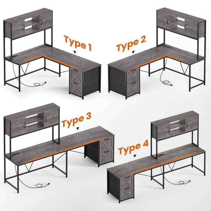 SEDETA - 62.2 Inch L Shaped Gaming Desk Reversible Computer Desk Gaming Desk with Led Lights Power Outlet Fabric Drawers Hutch and Storage Shelf