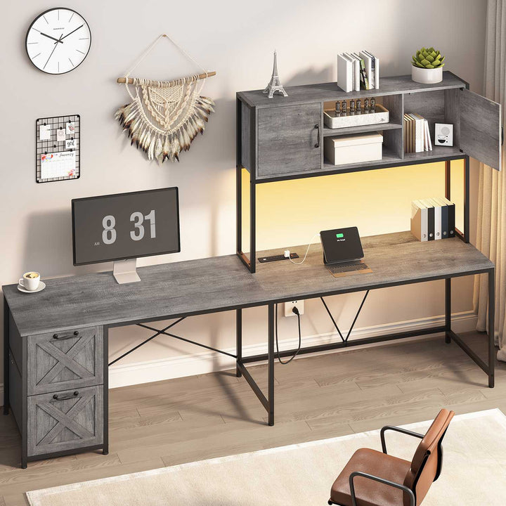 SEDETA - 62.2 Inch L Shaped Gaming Desk Reversible Computer Desk Gaming Desk with Led Lights Power Outlet Fabric Drawers Hutch and Storage Shelf
