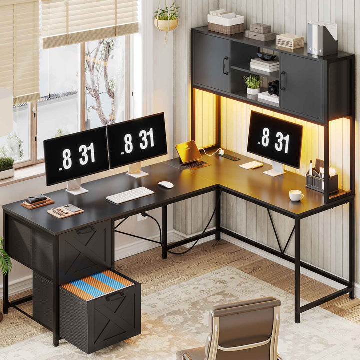 SEDETA - 62.2 Inch L Shaped Gaming Desk Reversible Computer Desk Gaming Desk with Led Lights Power Outlet Fabric Drawers Hutch and Storage Shelf