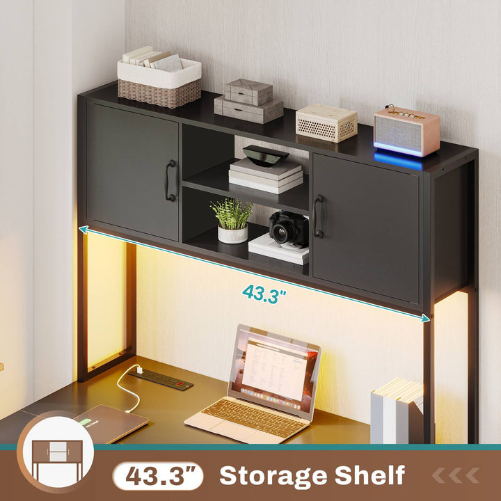 SEDETA - 62.2 Inch L Shaped Gaming Desk Reversible Computer Desk Gaming Desk with Led Lights Power Outlet Fabric Drawers Hutch and Storage Shelf