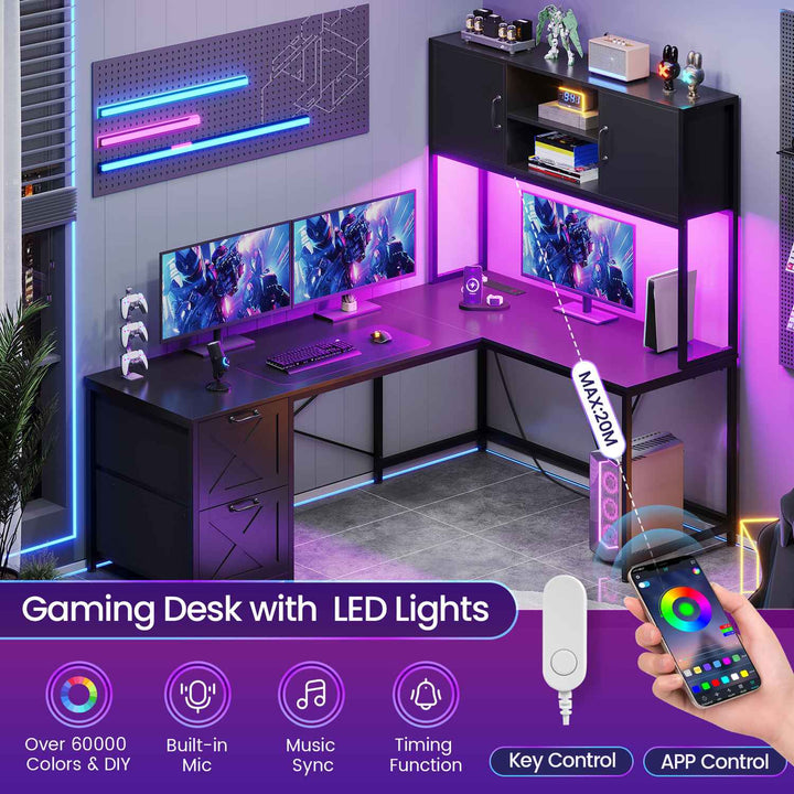 SEDETA - 62.2 Inch L Shaped Gaming Desk Reversible Computer Desk Gaming Desk with Led Lights Power Outlet Fabric Drawers Hutch and Storage Shelf