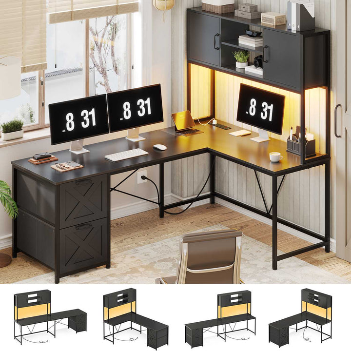 SEDETA - 62.2 Inch L Shaped Gaming Desk Reversible Computer Desk Gaming Desk with Led Lights Power Outlet Fabric Drawers Hutch and Storage Shelf