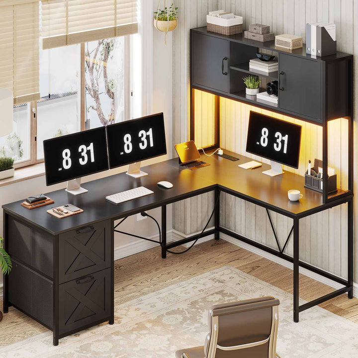 SEDETA - 62.2 Inch L Shaped Gaming Desk Reversible Computer Desk Gaming Desk with Led Lights Power Outlet Fabric Drawers Hutch and Storage Shelf