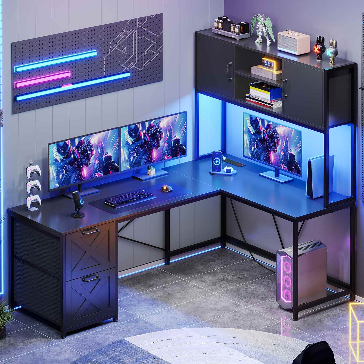 SEDETA 62.2 Inch L Shaped Gaming Desk with Drawers Fabric File Drawers
