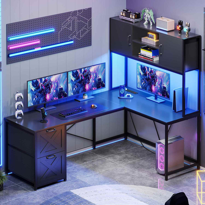 SEDETA - 62.2 Inch L Shaped Gaming Desk Reversible Computer Desk Gaming Desk with Led Lights Power Outlet Fabric Drawers Hutch and Storage Shelf