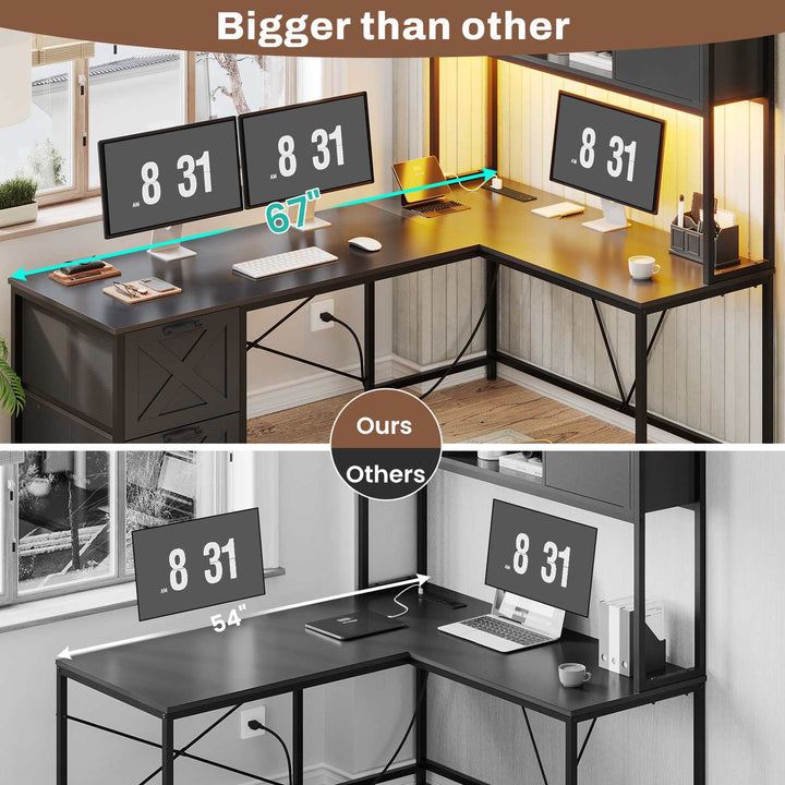 SEDETA - 62.2 Inch L Shaped Gaming Desk Reversible Computer Desk Gaming Desk with Led Lights Power Outlet Fabric Drawers Hutch and Storage Shelf