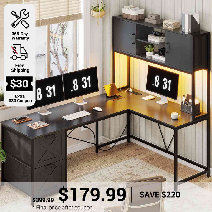 SEDETA 62.2 Inch L Shaped Gaming Desk with Drawers Fabric File Drawers and Power Outlet