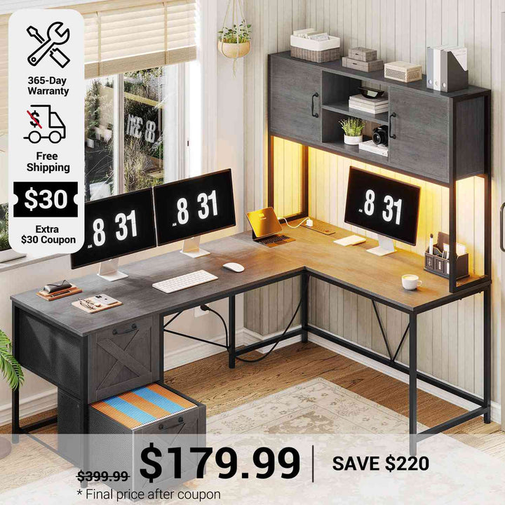 SEDETA 62.2 Inch L Shaped Gaming Desk with Drawers Fabric File Drawers and Power Outlet