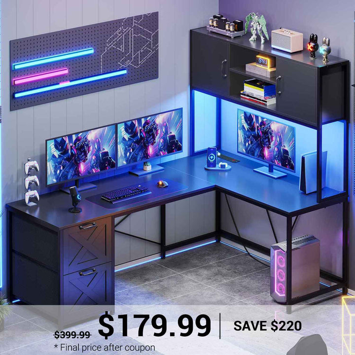 SEDETA 62.2 Inch L Shaped Gaming Desk with Drawers Fabric File Drawers and Power Outlet