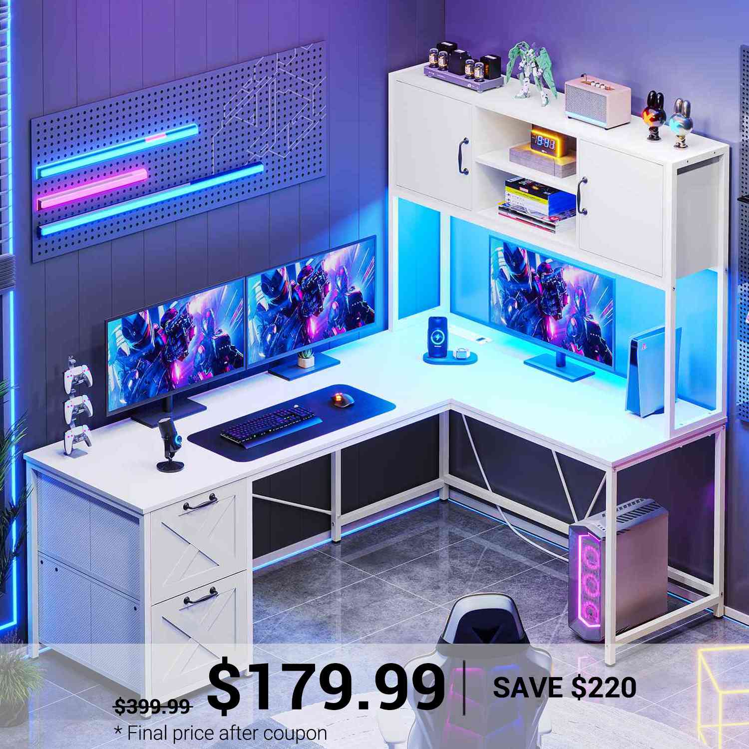 SEDETA 62.2 Inch L Shaped Gaming Desk with Drawers Fabric File Drawers