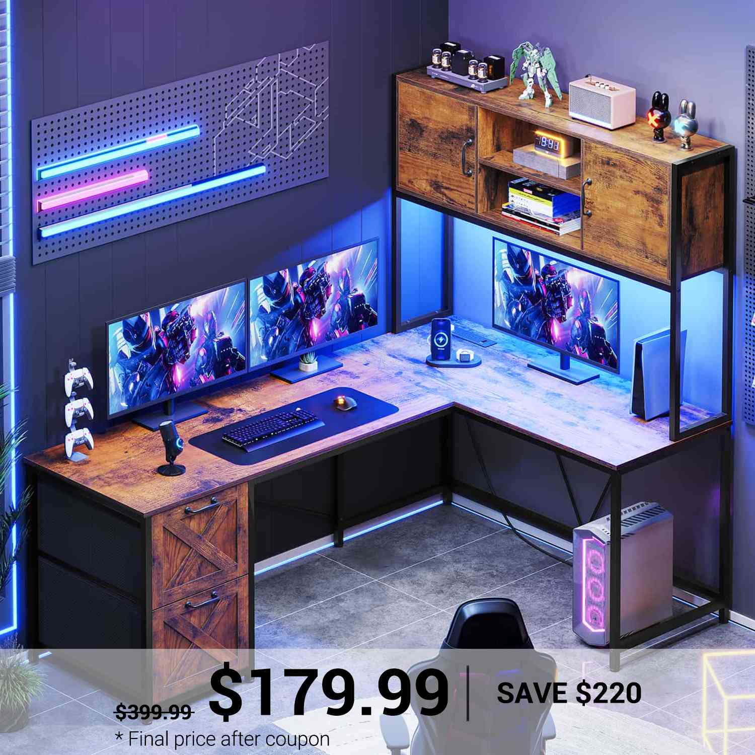 SEDETA 62.2 Inch L Shaped Gaming Desk with Drawers Fabric File Drawers