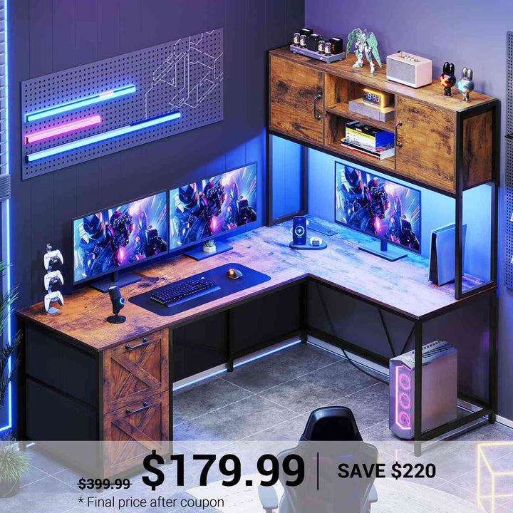 SEDETA 62.2 Inch L Shaped Gaming Desk with Drawers Fabric File Drawers and Power Outlet