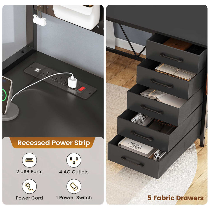 SEDETA 62 Inch L Shaped LED Gaming Desk Computer Desk with Power Outlet Storage Drawers Pegboard