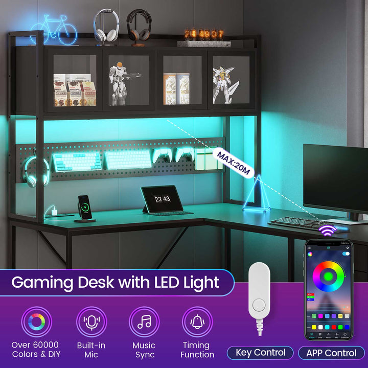 SEDETA 62 Inch L Shaped LED Gaming Desk Computer Desk with Power Outlet Storage Drawers Pegboard