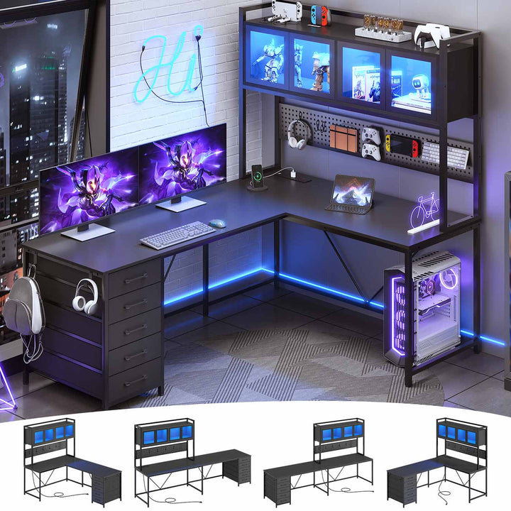 SEDETA 62 Inch L Shaped LED Gaming Desk Computer Desk with Power Outlet Storage Drawers Pegboard