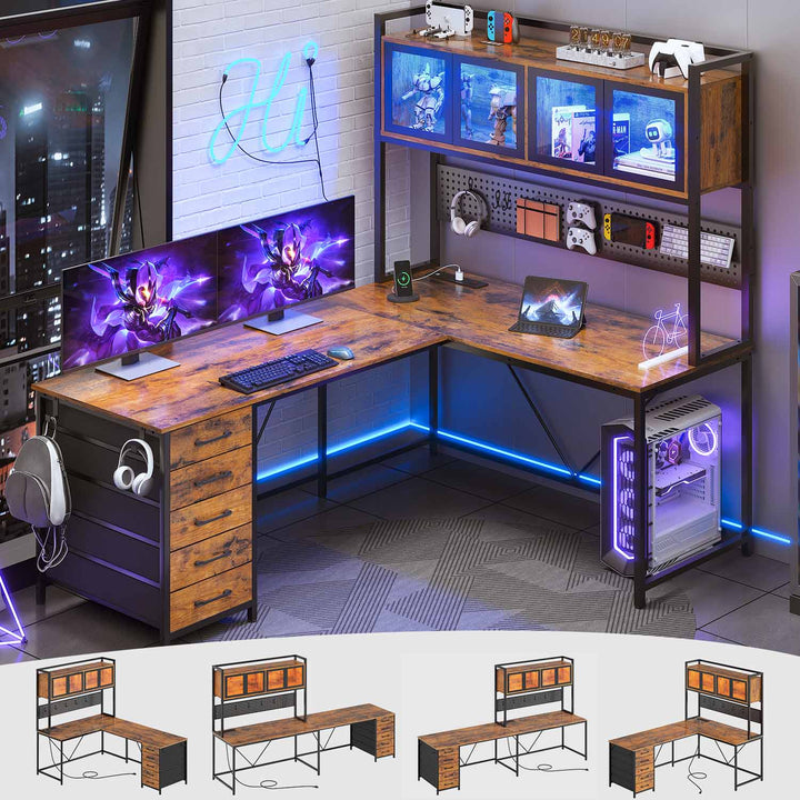 SEDETA 62 Inch L Shaped LED Gaming Desk Computer Desk with Power Outlet Storage Drawers Pegboard