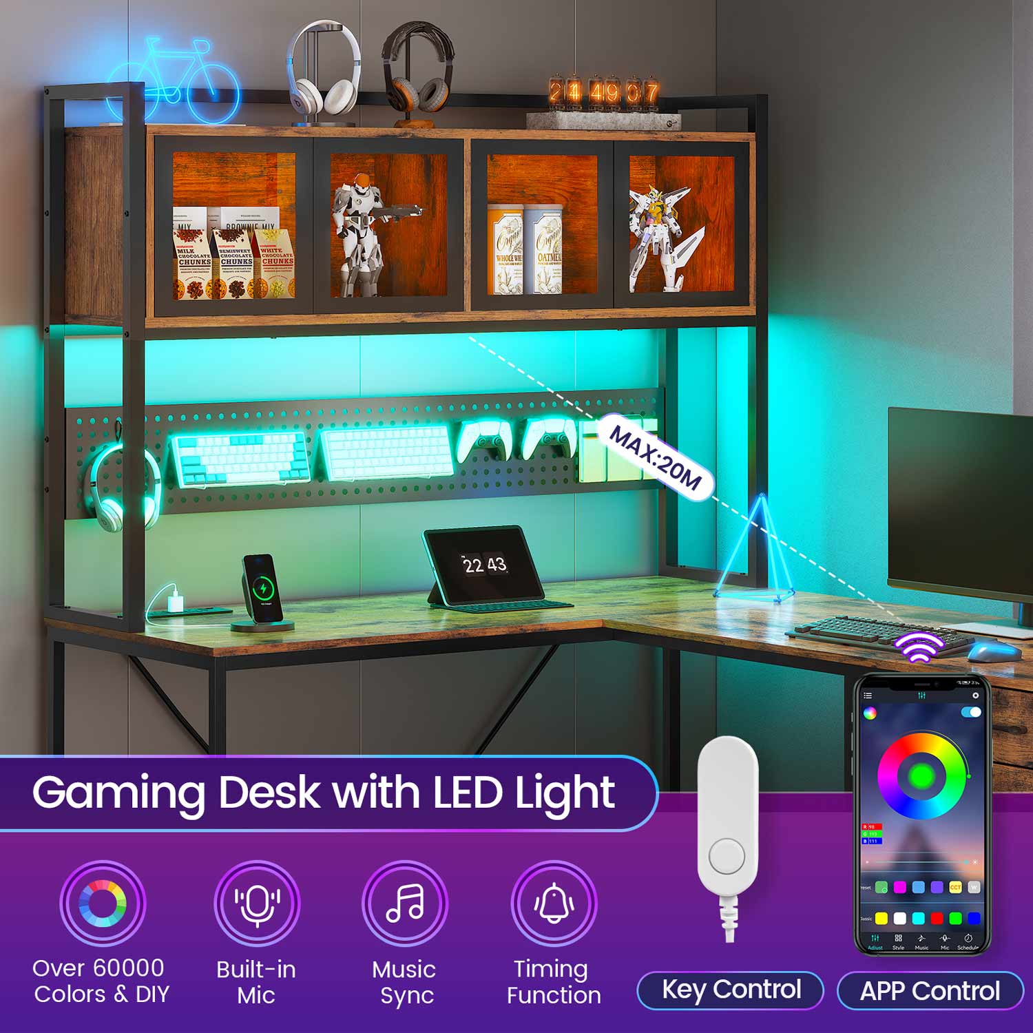 SEDETA 62 Inch L Shaped LED Gaming Desk Computer Desk with Power Outle