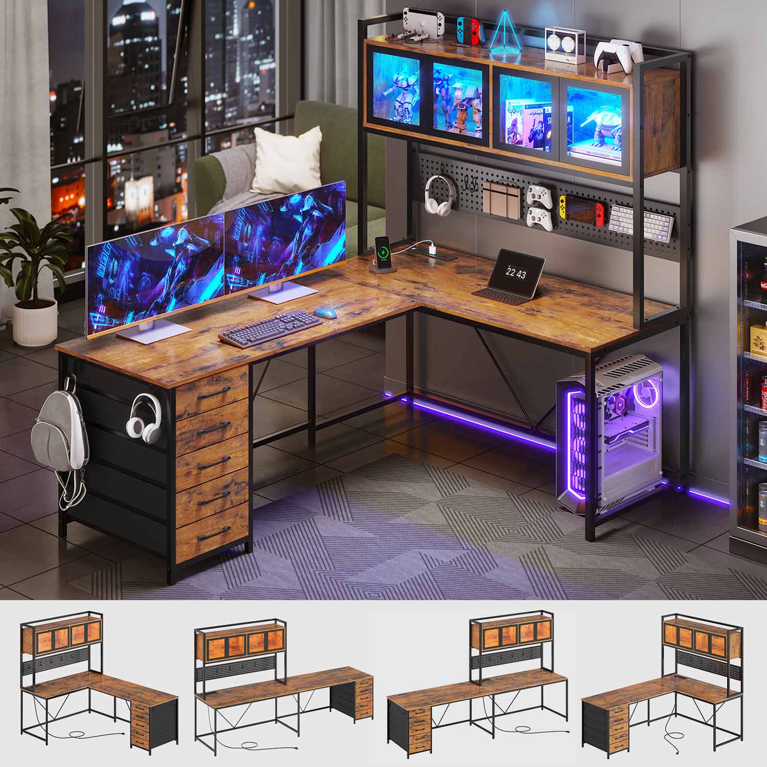 SEDETA 62 Inch L Shaped LED Gaming Desk Computer Desk with Power Outle