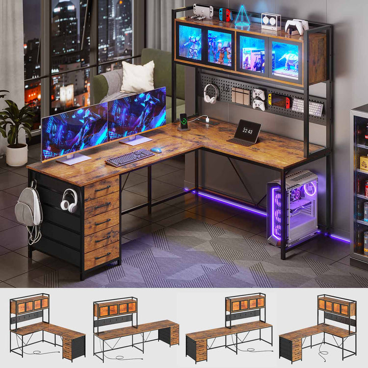SEDETA 62 Inch L Shaped LED Gaming Desk Computer Desk with Power Outlet Storage Drawers Pegboard