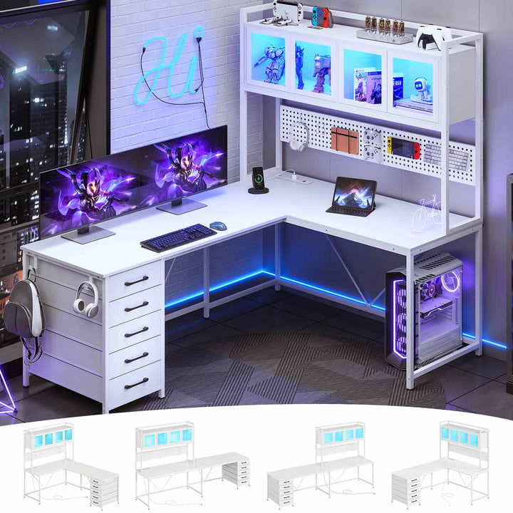 SEDETA 62 Inch L Shaped LED Gaming Desk Computer Desk with Power Outlet Storage Drawers Pegboard
