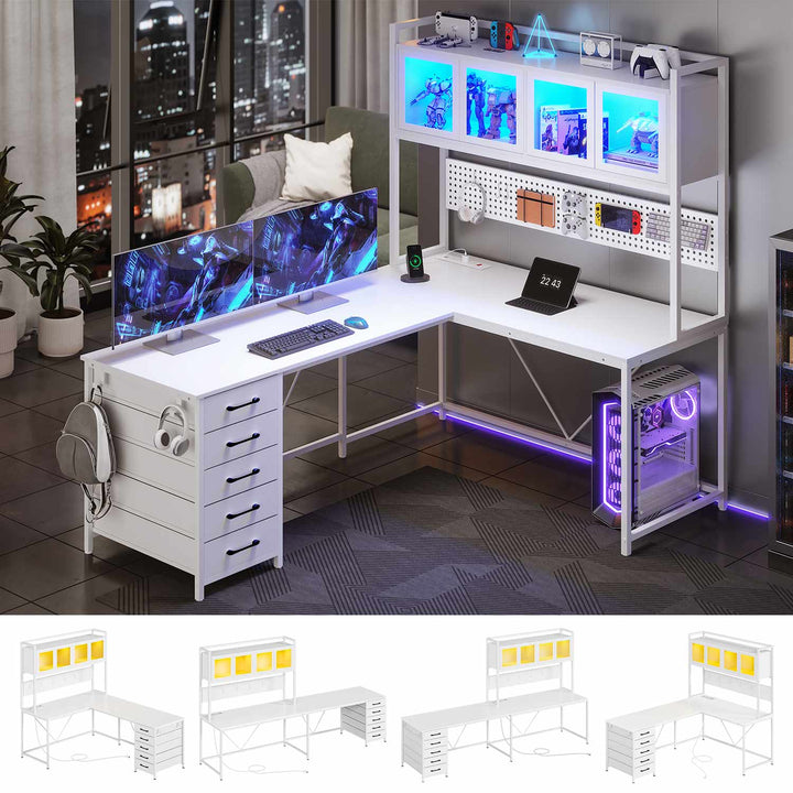 SEDETA 62 Inch L Shaped LED Gaming Desk Computer Desk with Power Outlet Storage Drawers Pegboard