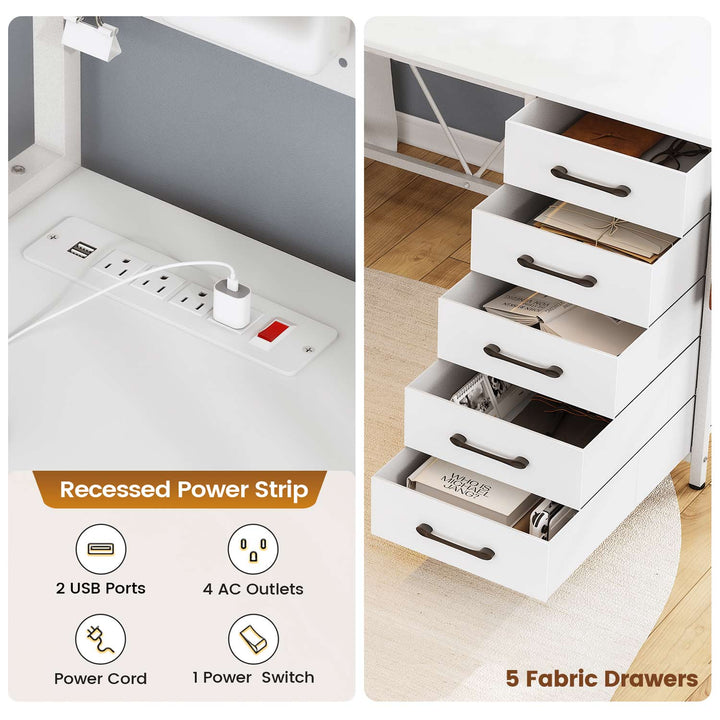 SEDETA 62 Inch L Shaped LED Gaming Desk Computer Desk with Power Outlet Storage Drawers Pegboard
