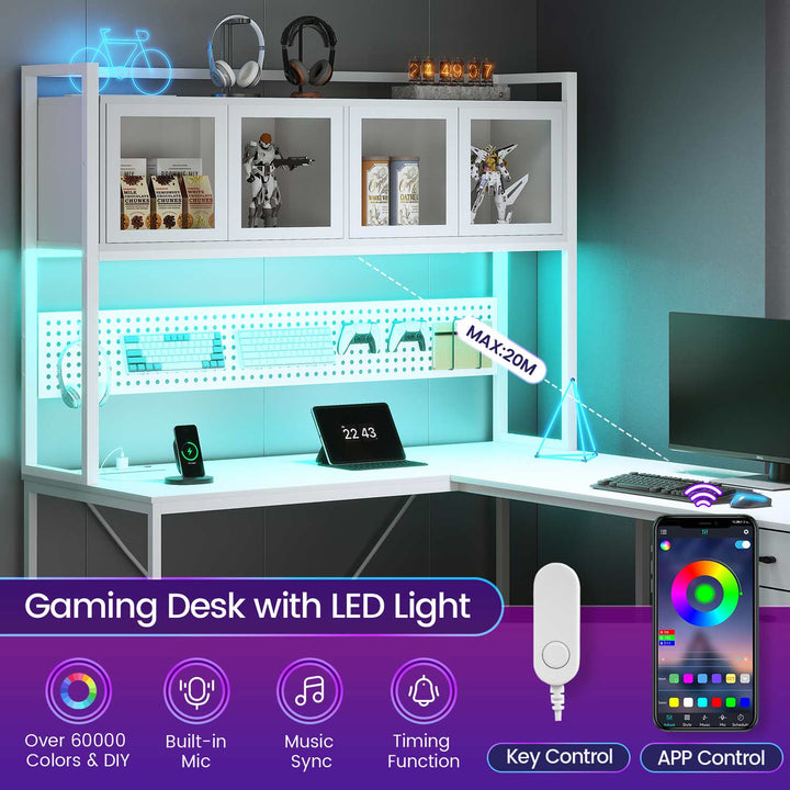 SEDETA 62 Inch L Shaped LED Gaming Desk Computer Desk with Power Outlet Storage Drawers Pegboard