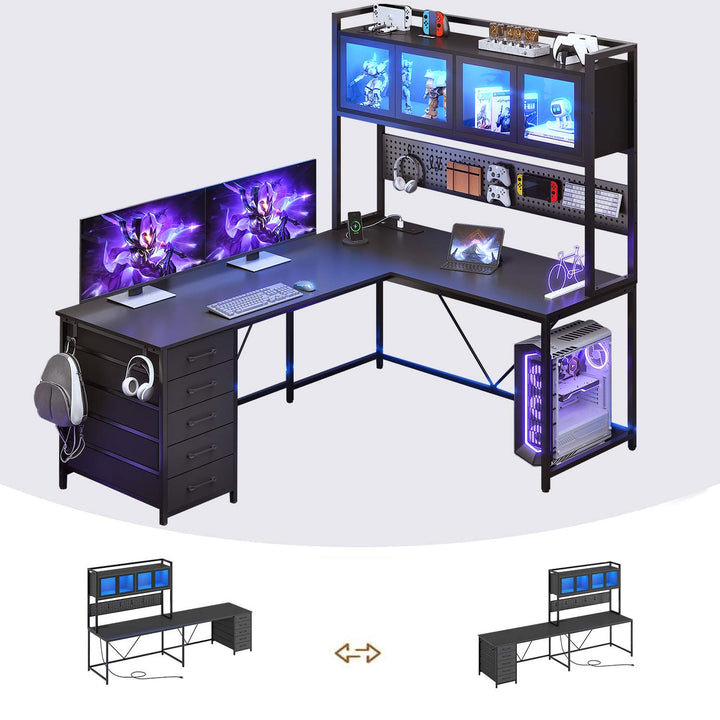 SEDETA 62 Inch L Shaped LED Gaming Desk Computer Desk with Power Outlet Storage Drawers Pegboard