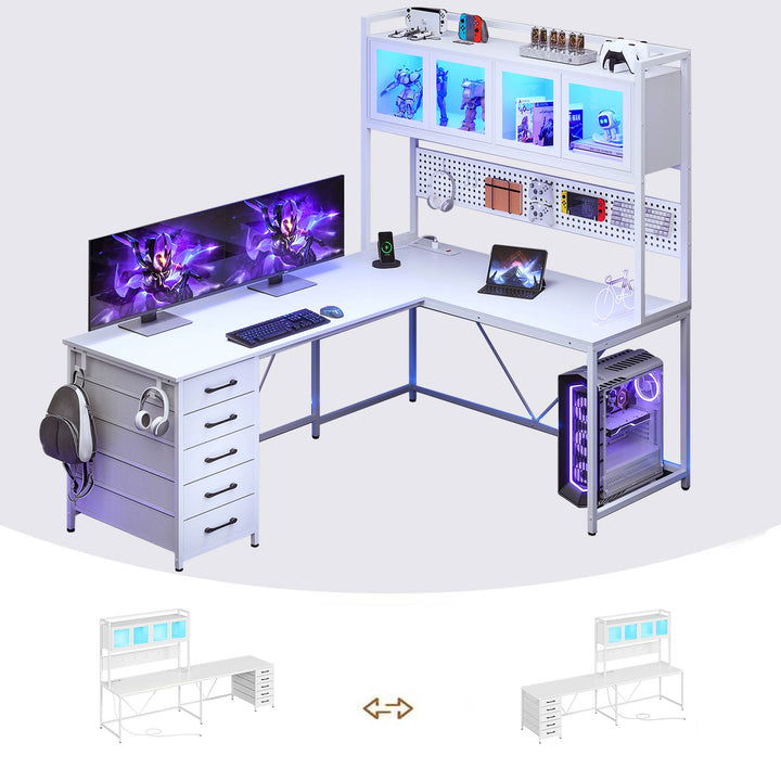 SEDETA 62 Inch L Shaped LED Gaming Desk Computer Desk with Power Outlet Storage Drawers Pegboard
