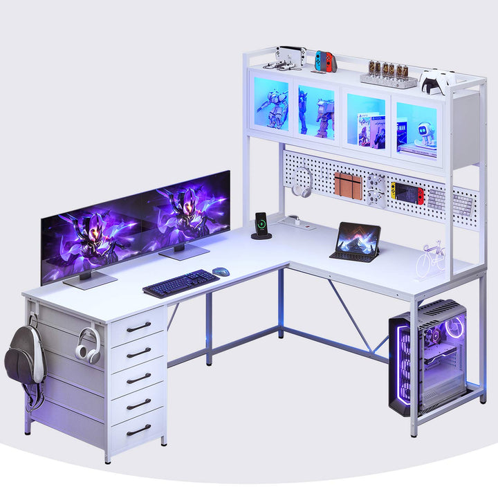SEDETA 62 Inch L Shaped LED Gaming Desk Computer Desk with Power Outlet Storage Drawers Pegboard